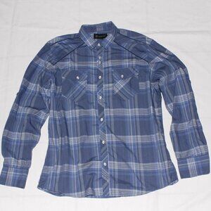 INC International Concepts Mens Large Blue Plaid Button Down Button Accents EUC